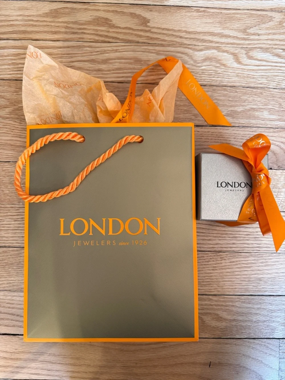 London Jewelers Gift Bag & Box -  Gold Orange butterfly ribbon bag paper box